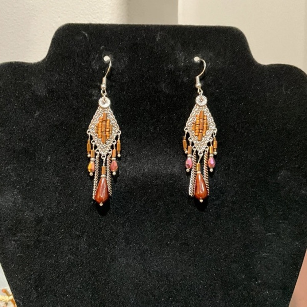 Elegant Silver and Brown Beaded Earrings
